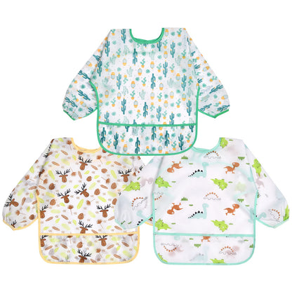 Vicloon Baby Lätzchen mit Lange Ärmeln,3PCS Ärmellätzchen Wasserdicht,Süßer Tierstil Baby Bibs Set für Essen Kunst Handwerk Malerei Bemalen Spielen für 6-24 Monaten