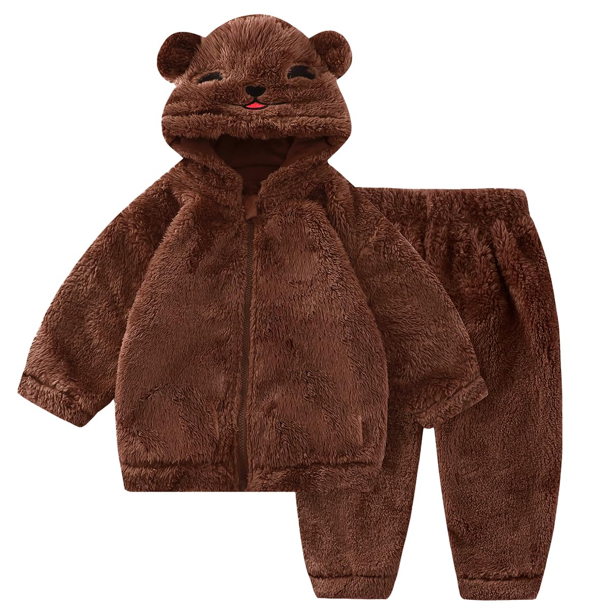 JiAmy Baby Fleece Jacket Hoodie Set Zip Toddler Baby Clothing Winter Coat with Ears Hood Plush Fluffy Infant Boys Girls Tops and Trousers Outfit 2 Pieces 12 Months - 4 Years 