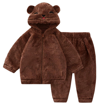 JiAmy Baby Fleece Jacket Hoodie Set Zip Toddler Baby Clothing Winter Coat with Ears Hood Plush Fluffy Infant Boys Girls Tops and Trousers Outfit 2 Pieces 12 Months - 4 Years 