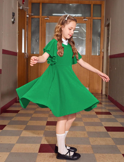 Arshiner Kleider für Mädchen Schmetterlingsärmel Kleid Kinder A-Line Swing Kleid Rundhals Sommerkleid Baumwollekleid Festlich Partykleid Hochzeit Lässige Kinderkleidung mit Tasche