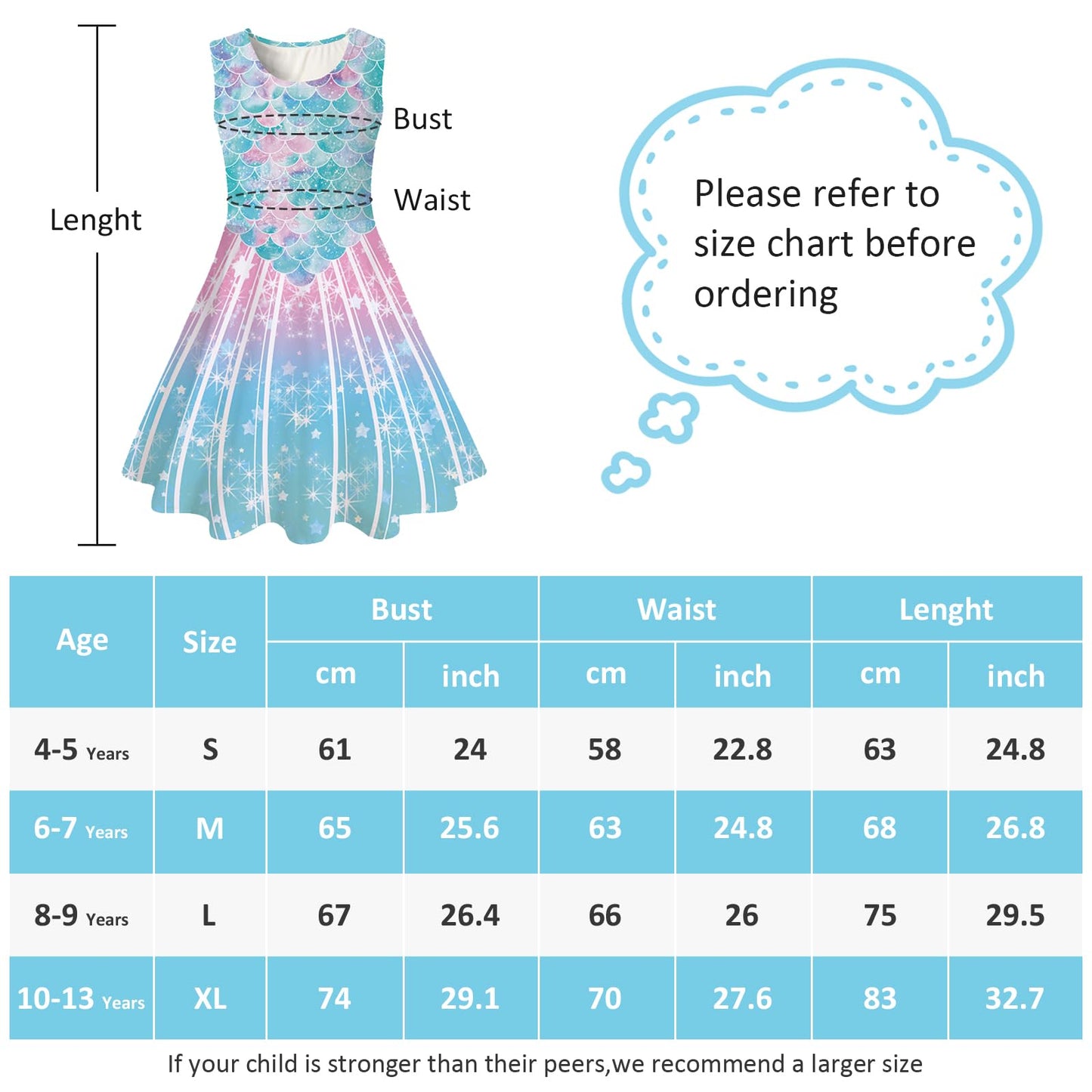 kids4ever Mädchen Kleid Ärmellos Sommerkleid Rundhals A-Linie Swing Kleid Meerjungfrau Galaxie Prinzessin Party Geburtstag 4-12 Jahre