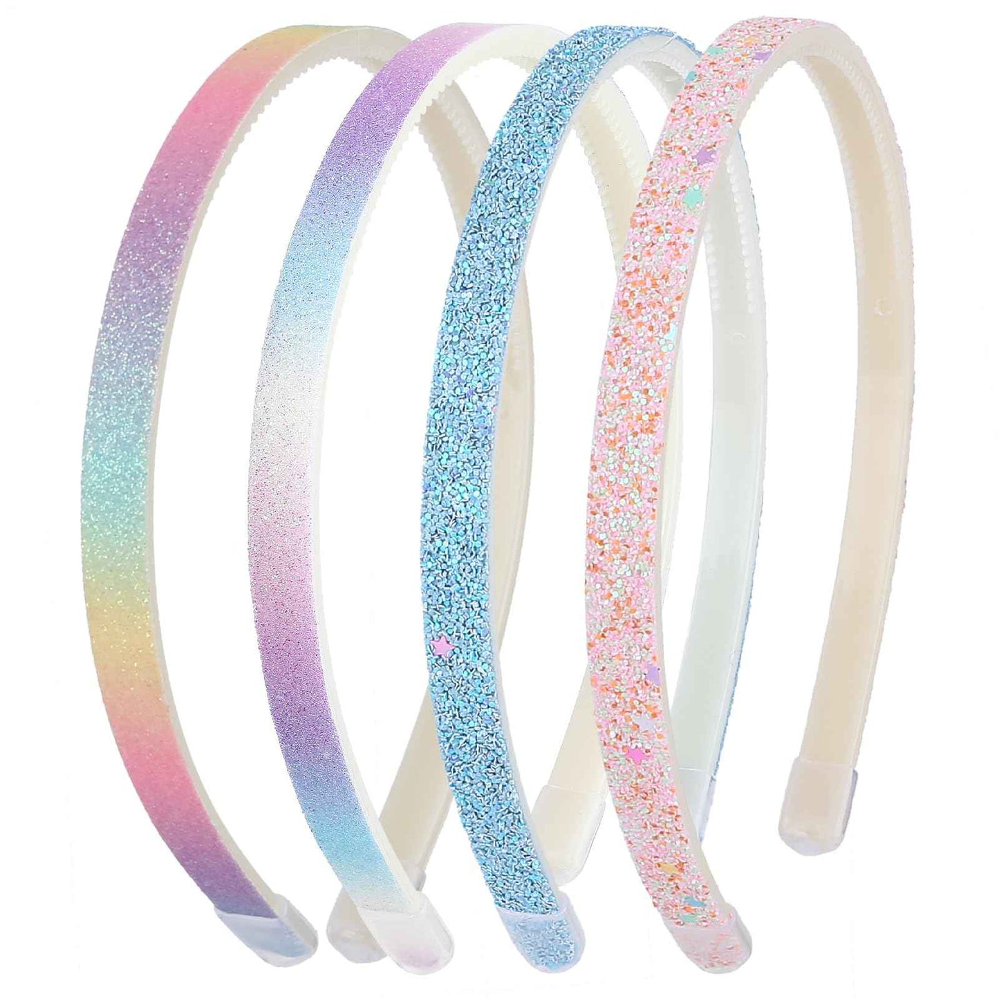 WLLHYF Pack of 4 Glitter Headbands, Colourful Hair Accessories, Plastic, Glittering, Cute, Non-Slip, Thick, Glittery, Confetti, Rainbow Hair Bands with Teeth for Little Girls (2 Gradient 2 Stars)