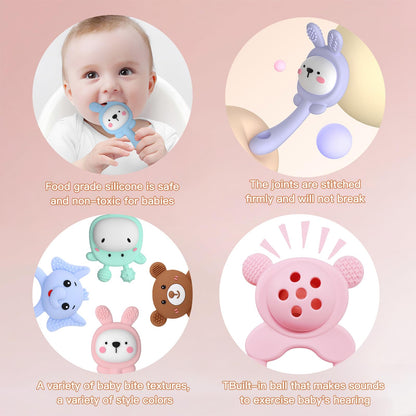 ABirdon Beißring Baby, 2 Stück Silikon Beißring mit Rassel, BPA-frei, Sensorisches Spielzeug für Babys 0-3 Jahre, Molar Beißring für Zahnfleisch
