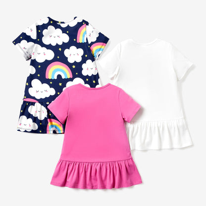 PATPAT Mädchen Kleid Set, Packung mit 3 Sommerkleider mit Kurzen Ärmeln und Rüschen in 3 verschiedenen Prints, Hochzeit Geburtstag Party Bankett Urlaub, Prinzessin Kleider für Mädchen 2-7 Jahre