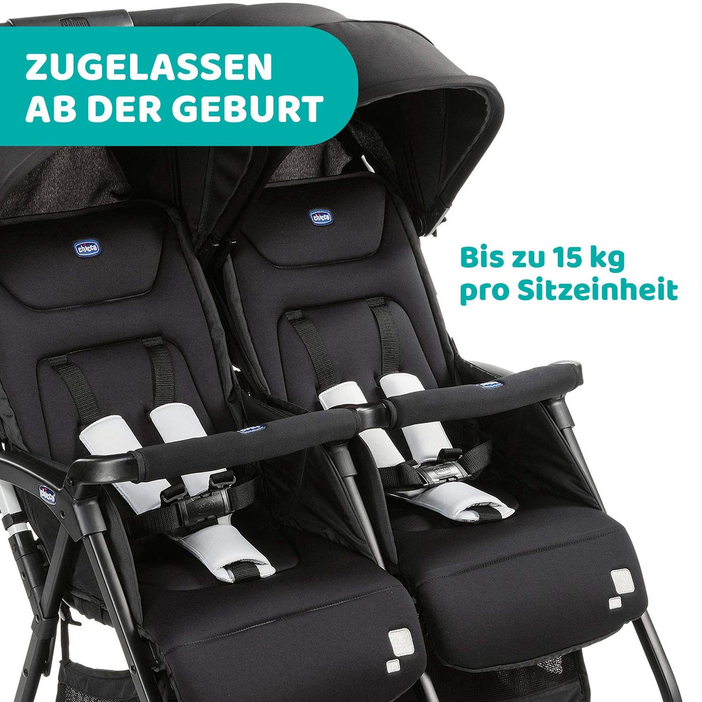 Chicco OHlalà Twin Twin Pushchair from Birth to 15 kg, Pram for Twins and Siblings, Adjustable Foldable Twin Buggy, Rain Cover and Extendable Hood