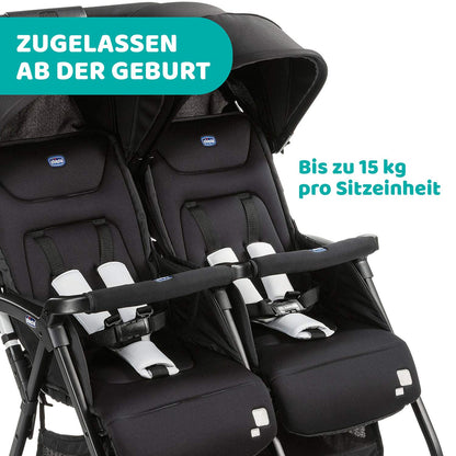 Chicco OHlalà Twin Twin Pushchair from Birth to 15 kg, Pram for Twins and Siblings, Adjustable Foldable Twin Buggy, Rain Cover and Extendable Hood