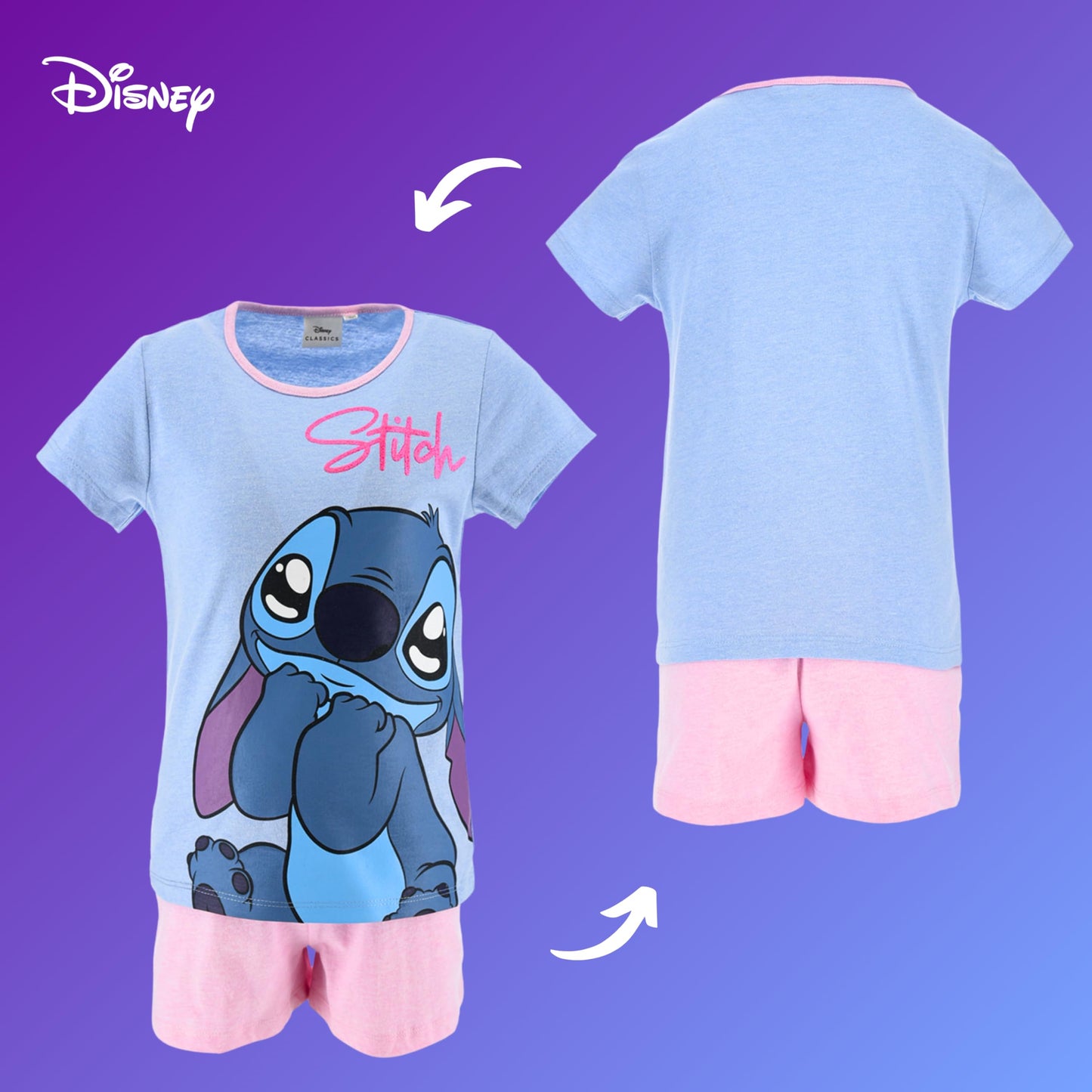 Disney Stitch Pyjamas für Mädchen, Stitch Design 2-Teiliges T-Shirt und Shorts-Set für Mädchen, Geschenk für Mädchen, Größen 6 bis 12 Jahre