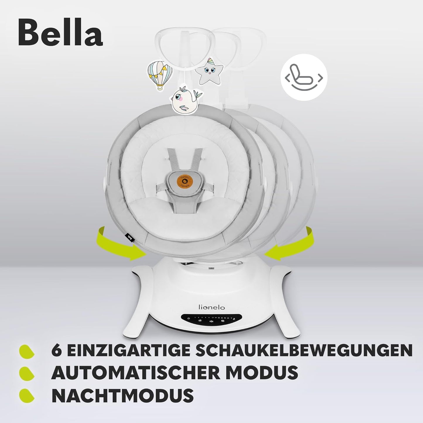 LIONELO Bella Elektrische Babywippe 360o für Babys bis 9 kg, verstellbare Rückenlehne, 5 Schaukelgeschwindigkeiten Sicherheitsgurt Erkennung von Bewegungen Anti-Rutsch