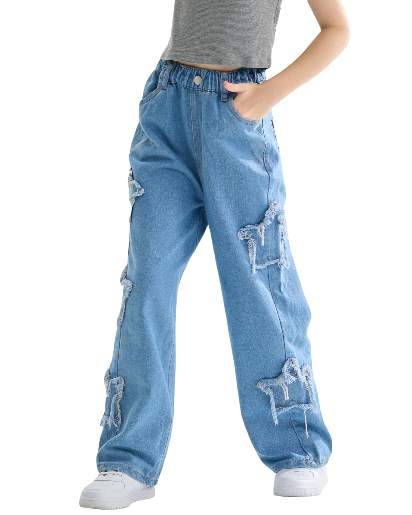 Rolanko Girls' Jeans Trousers with Hole, Denim Blue Jeans, Vintage Trousers With Wide Leg for Children