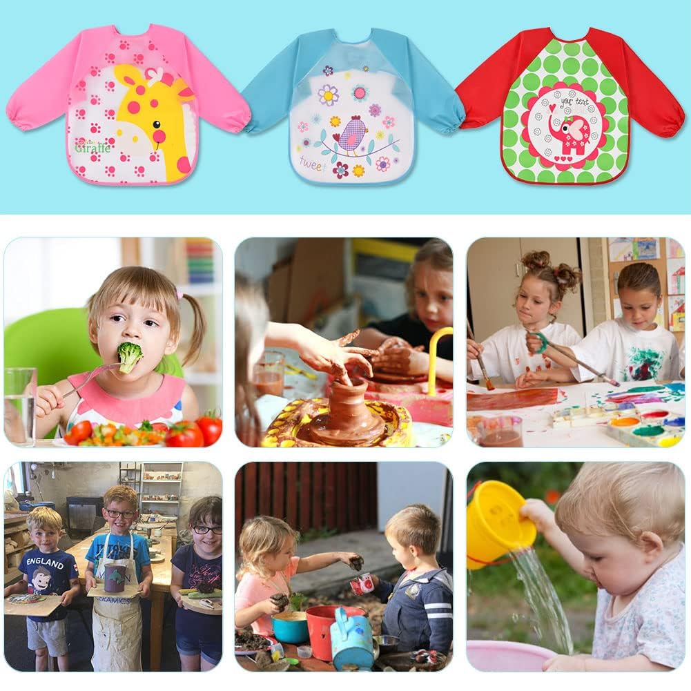 Vicloon Waterproof Baby Bibs, 5pcs Baby Bibs with Long Sleeves, Sleeved Bibs, Unisex Bib Set for Eating, Arts, Crafts, Painting, Playing (Pink, Blue, Green, Yellow) 