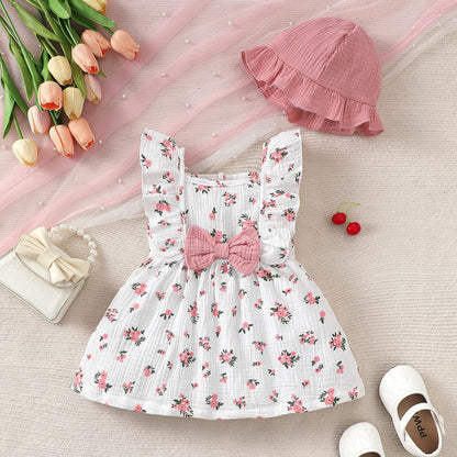 Kleinkind Baby Mädchen Sommer Kleid Outfit Rüschenärmel Herz/Blumenmuster Boho Kleider Niedliches Baby Sommerkleid mit Hut