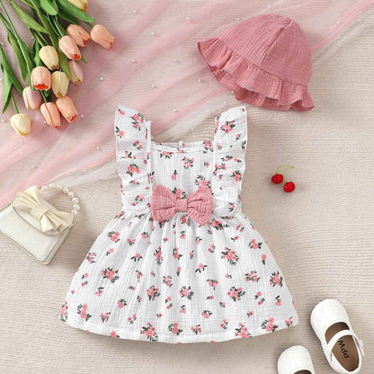 Kleinkind Baby Mädchen Sommer Kleid Outfit Rüschenärmel Herz/Blumenmuster Boho Kleider Niedliches Baby Sommerkleid mit Hut