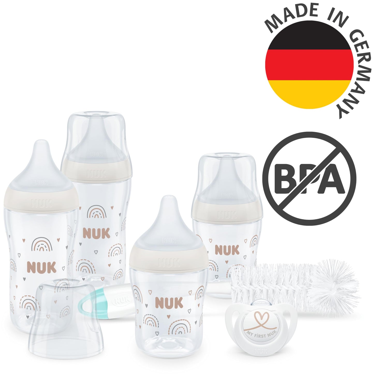 NUK Perfect Match Perfect Start Babyflaschenset | Ab 0 Monate | Passt sich dem Baby an | 4 Anti-Colic-Babyflaschen, Schnuller, Flaschenbürste und mehr | BPA-frei | 7 Stück