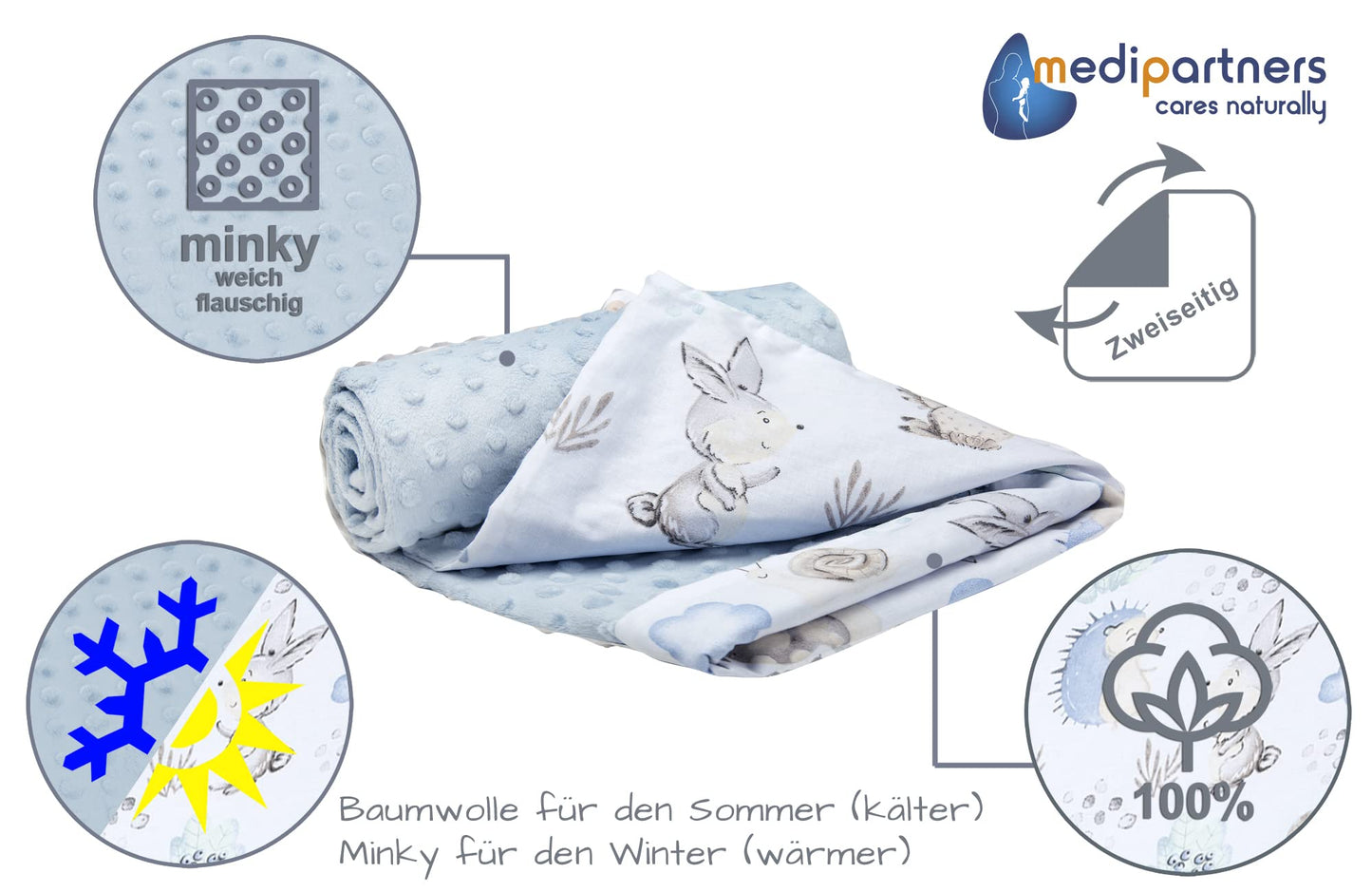 Medi Partners Babydecken Baby 100% Baumwolle Krabbeldecke Babydecke 75x100cm doppelseitig Kinderbett Minky Kuscheldecke Kinderwagen (REH mit grauem Minky)