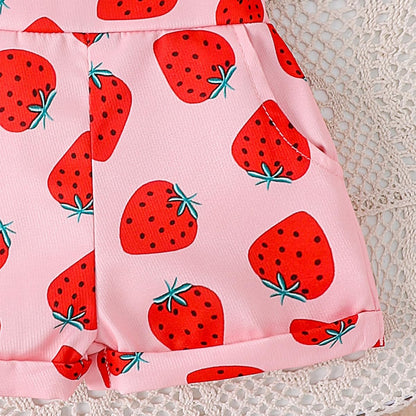 Baby Mädchen Sommer Outfits Rüschen Kurzarm Ripptop+ Blumen/Herzmuster Overalls Shorts Mit Tasche Süßes 2-Teiliges Kleidungsset