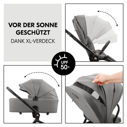 hauck 2 in 1 Kinderwagen Set ab Geburt bis 22 kg Move N Care Set, Große Babywanne, Wendbarer Buggysitz mit Liegefunktion, Teleskopgriff Gummiräder Federung, UV-Schutz 50+, Faltbar, XL Korb (Dark Grey)
