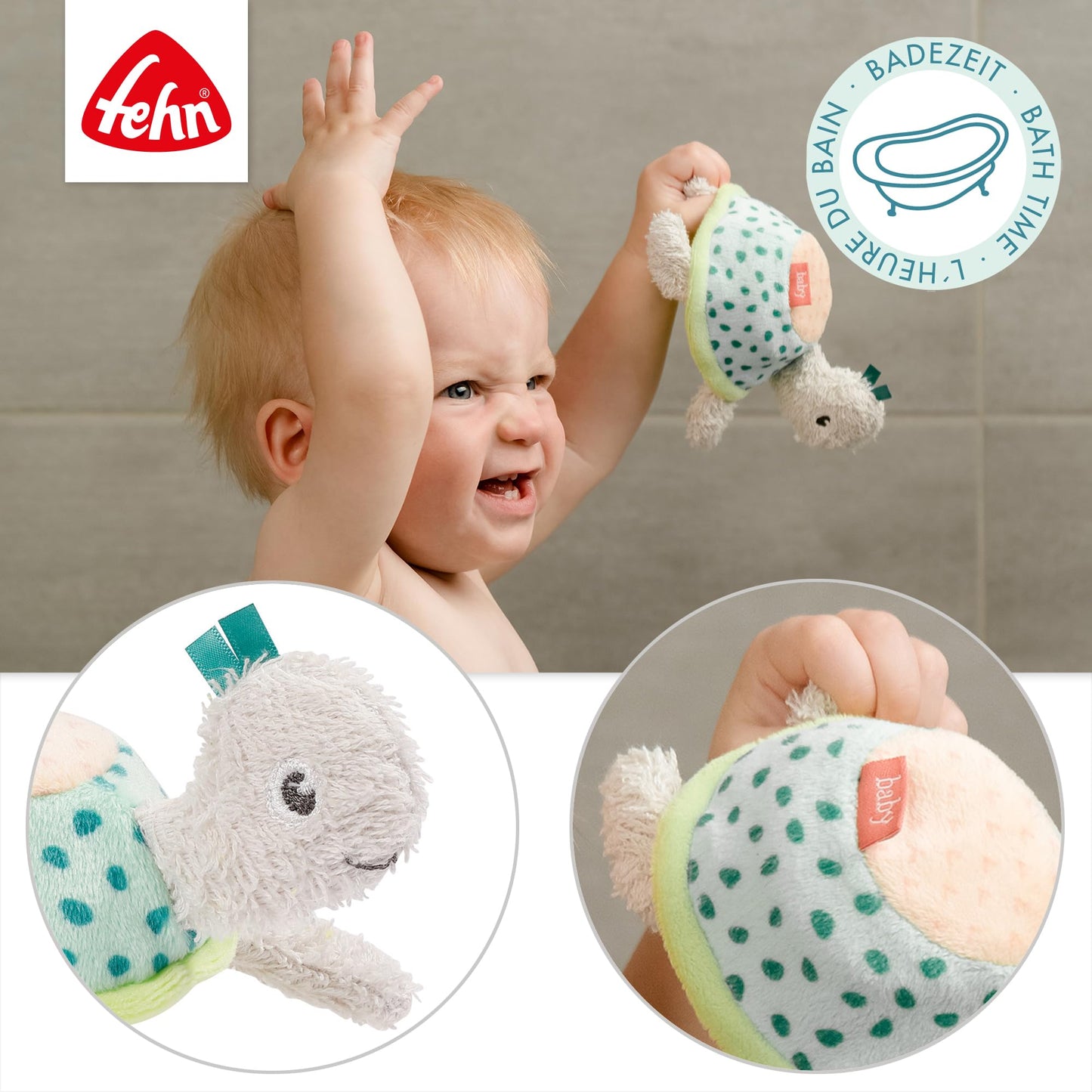 Fehn Badetier Schildkröte Badeschwamm – Kuscheltier Baby Badespielzeug für die Badewanne - Stoff Wasserspielzeug für den Badespaß – Badewannenspielzeug für Babys und Kleinkinder ab 0+ Monaten