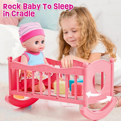 Tacobear Baby Puppe Zubehör Babypuppe Pflegeset Spielzeug,30cm Interaktive Puppen mit Sound, Puppenkleidung, Nippel, Windeln, Kinderbett, Hochstuhl, Spielzeug Geschenk für Mädchen 3 4 5 6 Jahre