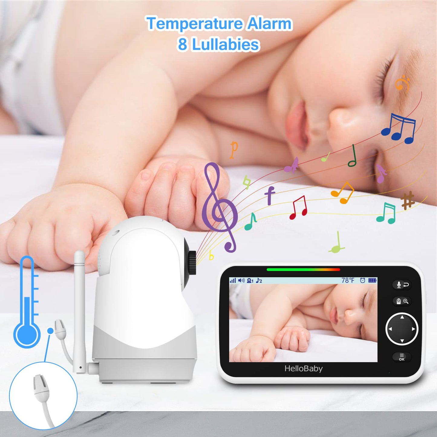 HelloBaby 6-Zoll Video-Babyphone, Großes Display mit Kamera und Audio, 4000-mAh-Batterie und ECO-Modus, Nachtsicht, Kein WiFi, Zwei-Wege-Kommunikation und 8 Schlaflieder, Fernbedienbare PTZ-Kamera