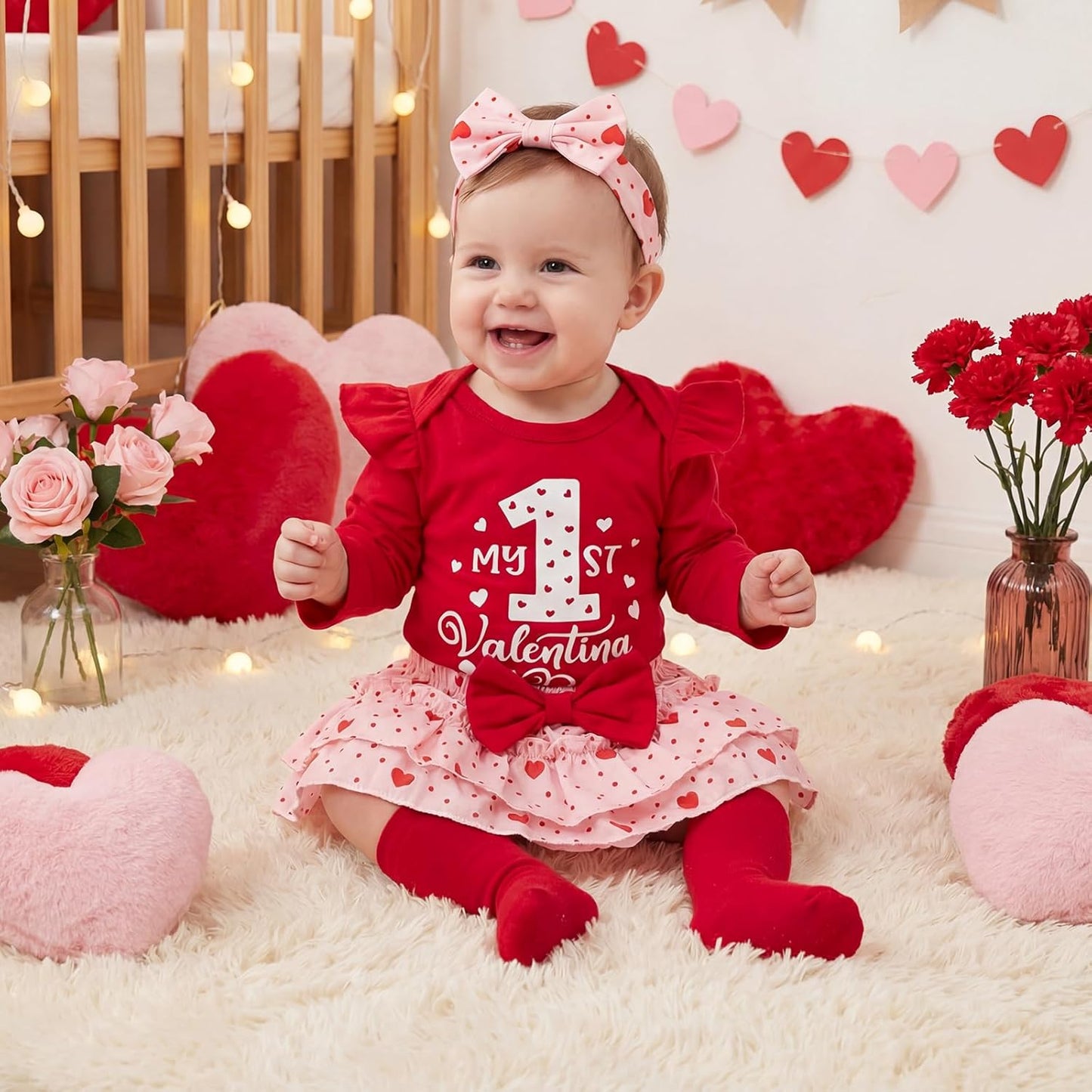 Baby Mädchen Outfit Rüschen Langarm My 1. Valentinstag Osterhase Strampler + Tutu Rock + Strümpfe mit Stirnband Babykleidung Set Neugeborene Fotoshooting Kleid für 0-18 Monate