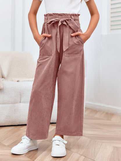 Haloumoning Mädchen Weite Hose Palazzo Hohe Taille Mode Bootcut Elastische Paperbag Freizeithose mit Gürtel