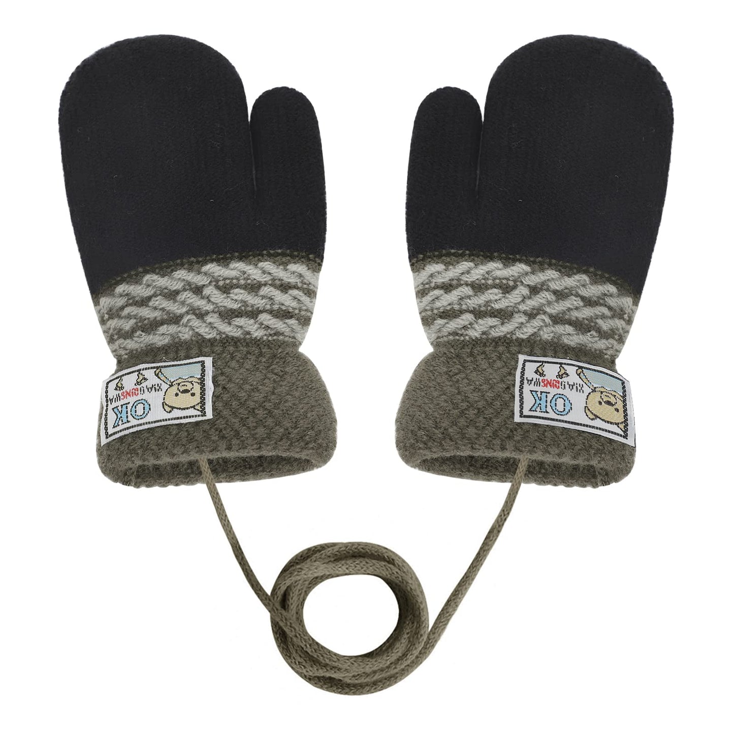 Kids Winter Gloves Mittens Baby Cartoon Mitten Neck Gloves Thick Double Knitted Glove with Plush,0 - 3 years old, Playing, Running, Skiing