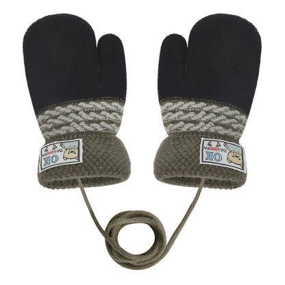 Kids Winter Gloves Mittens Baby Cartoon Mitten Neck Gloves Thick Double Knitted Glove with Plush,0 - 3 years old, Playing, Running, Skiing