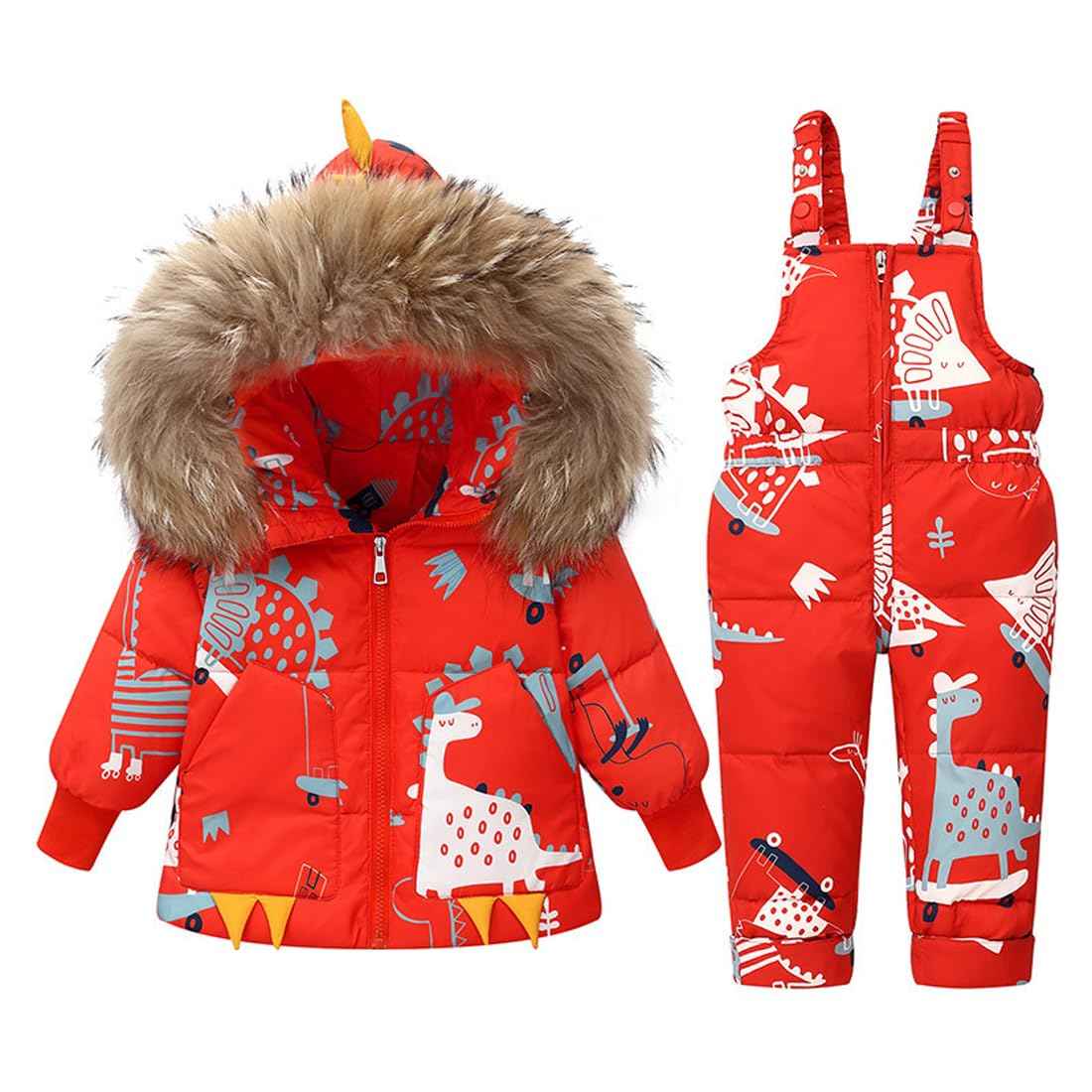 Printed Snowsuits for Baby Girls, 2-Piece Clothing Set, Winter Unisex Children's Down Jacket with Removable Fur Hood with Snow Dungarees, Boys and Girls, Ski Suit Clothing