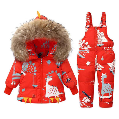 Printed Snowsuits for Baby Girls, 2-Piece Clothing Set, Winter Unisex Children's Down Jacket with Removable Fur Hood with Snow Dungarees, Boys and Girls, Ski Suit Clothing