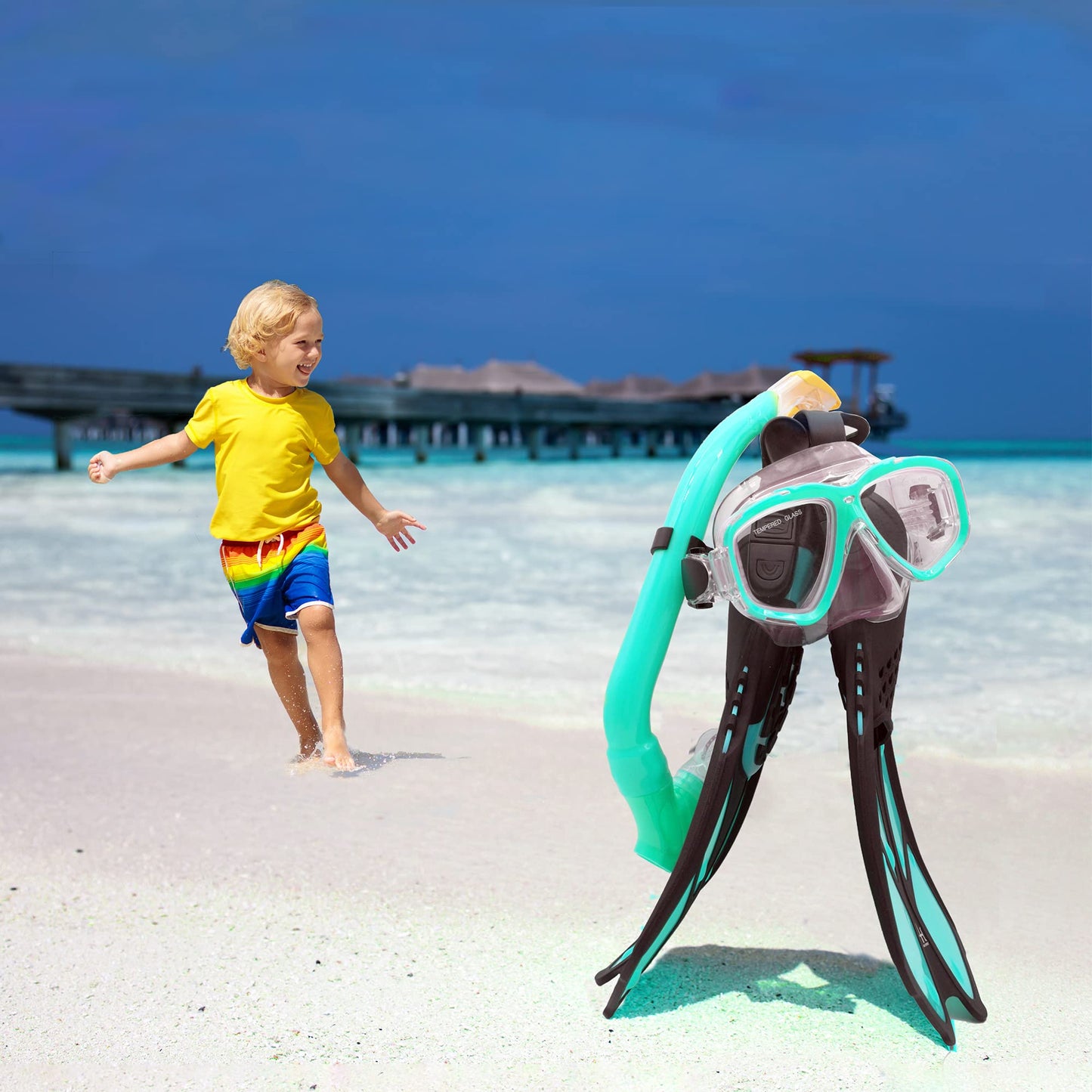 HH HHAO SPORT Children's snorkel set with fins, 180° panorama wide view diving goggles children, adjustable flippers, high-quality diving mask and dry top snorkel