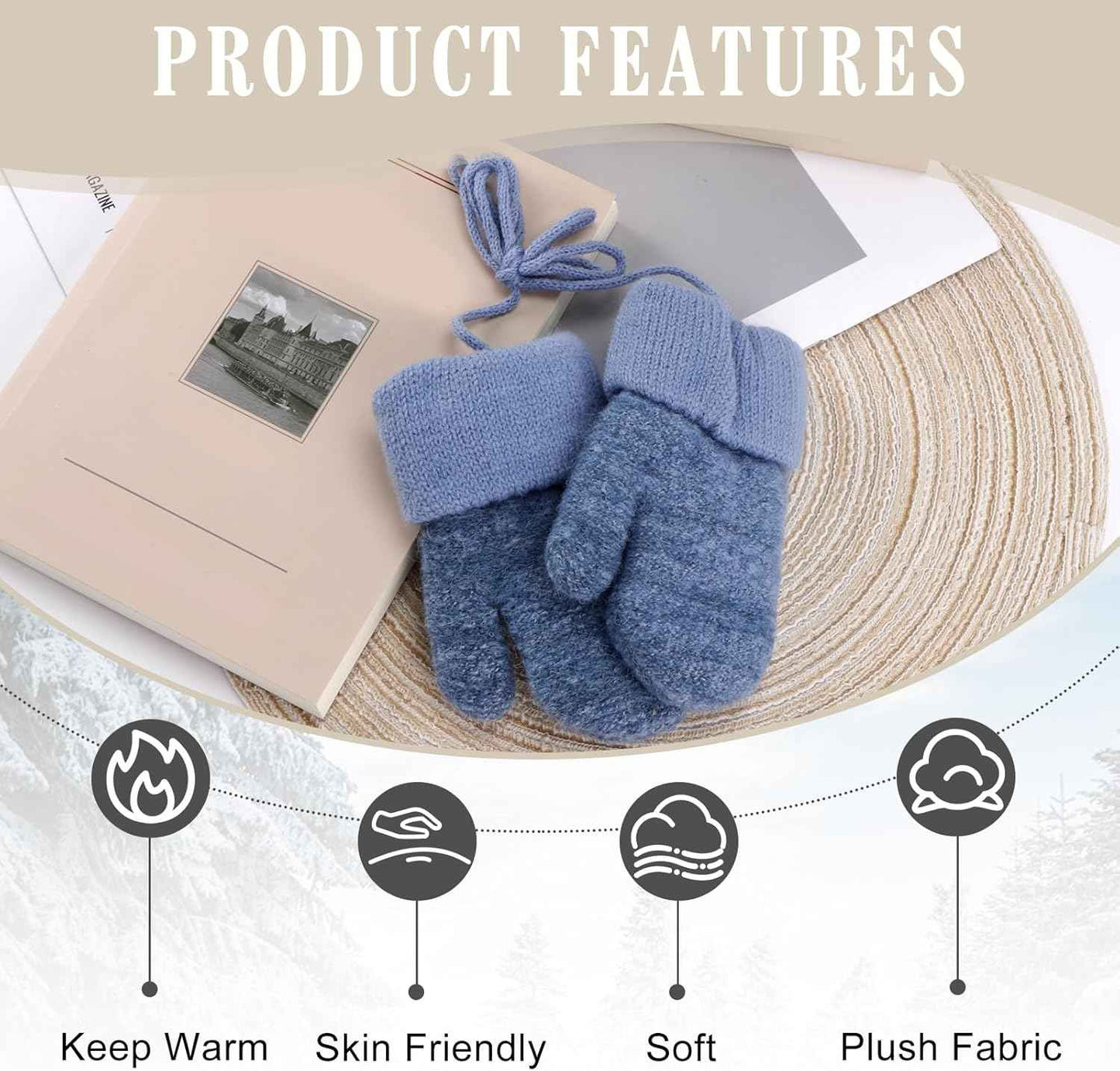 Dumhuts Baby Gloves Mittens Winter for 0-3 Years, Children's Warm Knitted Gloves with Plush Lining and Lanyard, Gloves Children for Outdoor Activities and Daily Use, Blue
