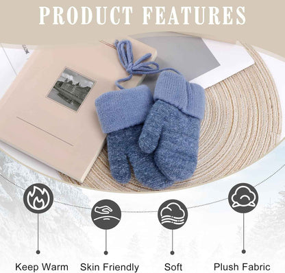 Dumhuts Baby Gloves Mittens Winter for 0-3 Years, Children's Warm Knitted Gloves with Plush Lining and Lanyard, Gloves Children for Outdoor Activities and Daily Use, Blue