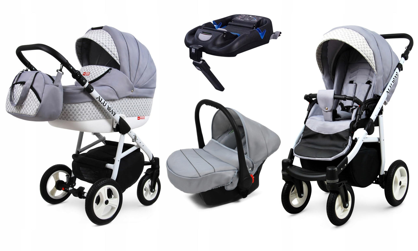 BabyLux® Kinderwagen Set 4 in 1 - Alu Way - incl. Babywanne, Buggy Sportsitz, Auto-Babyschale, ISOFIX-Basisstation - Autositz - Kinderwagenset - Kombikinderwagen mit Wickeltasche usw.