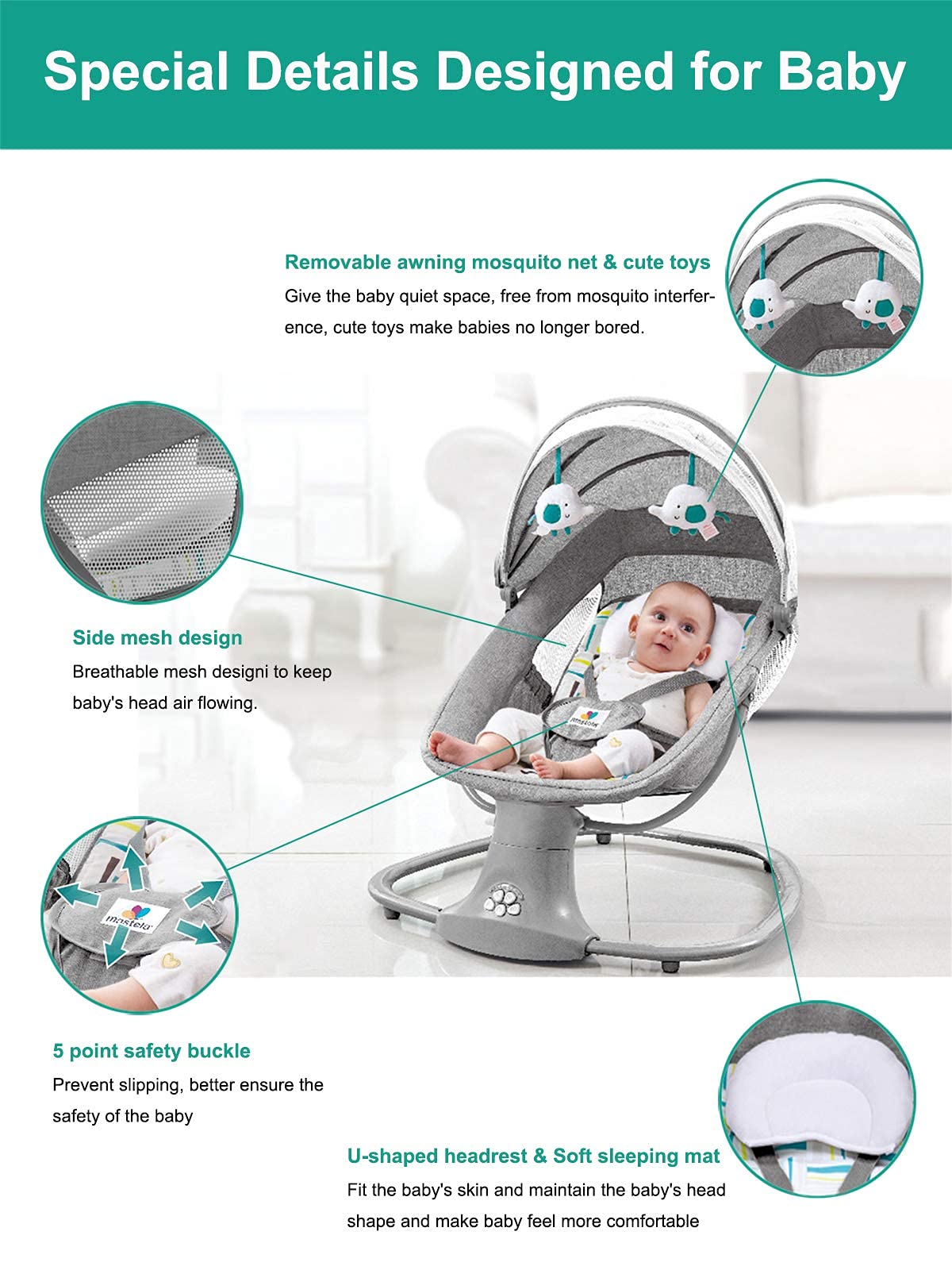 Sianldcone Baby Cradle, Bassinet Baby Toddler Cradle, Baby Bedside Table, Foldable Convertible Co-Sleeping Baby Bed with Music, 5-Swaying Gears (HR00 Pink) 