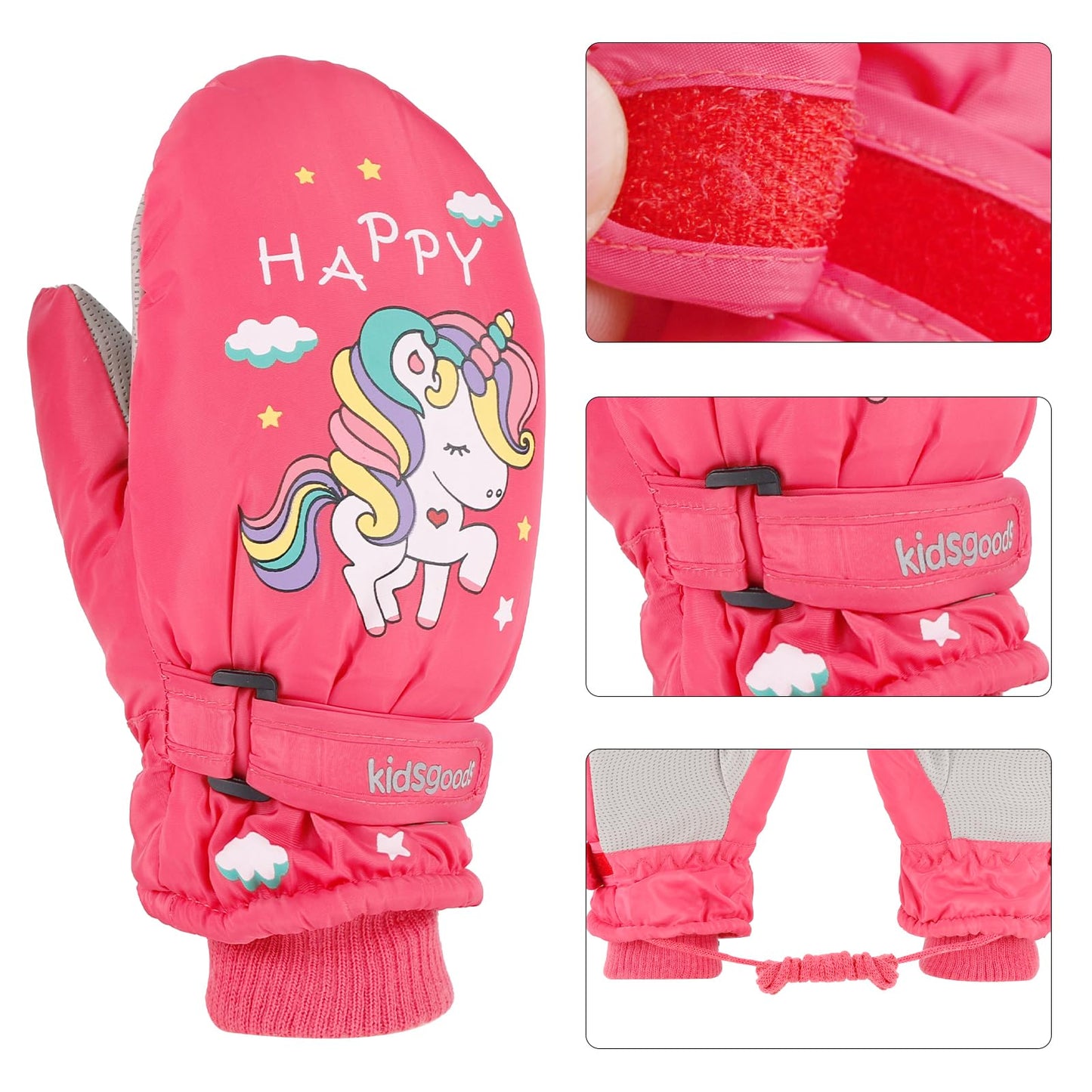 KAKU NANU Children's Winter Gloves 2-10 Years Ski Gloves Waterproof Warm Fleece Cartoon Children's Gloves Mittens with Cord Outdoor Snowboard Gloves Children Boys Girls Blue Red Pink Purple