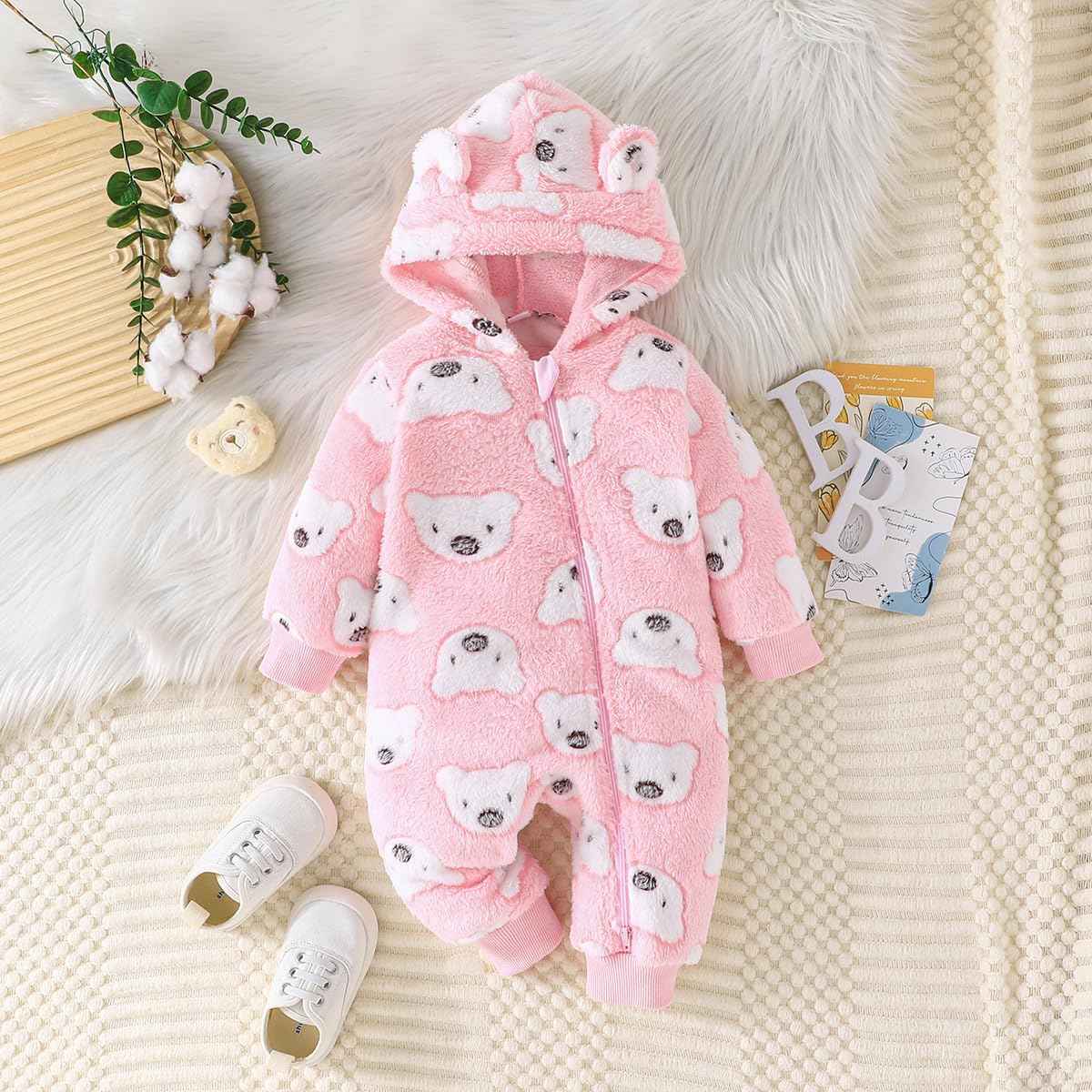 Yanmucy Newborn Baby Winter Romper with Hood Cartoon Bear Baby Snowsuit Warm Fleece Zip Baby Girl Boy Jumpsuit 0-18 Months