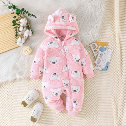 Yanmucy Newborn Baby Winter Romper with Hood Cartoon Bear Baby Snowsuit Warm Fleece Zip Baby Girl Boy Jumpsuit 0-18 Months