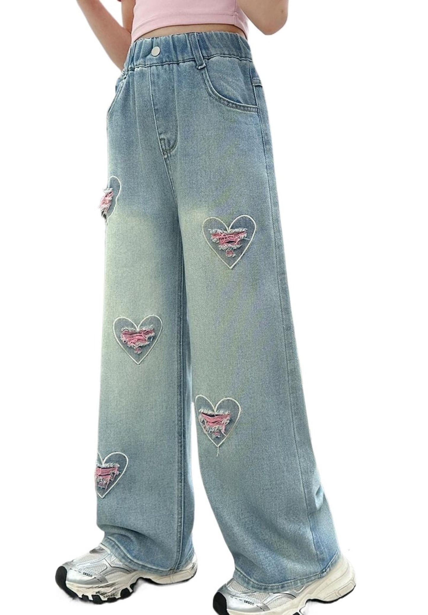 Rolanko Girls' Jeans Trousers with Hole, Denim Blue Jeans, Vintage Trousers With Wide Leg for Children