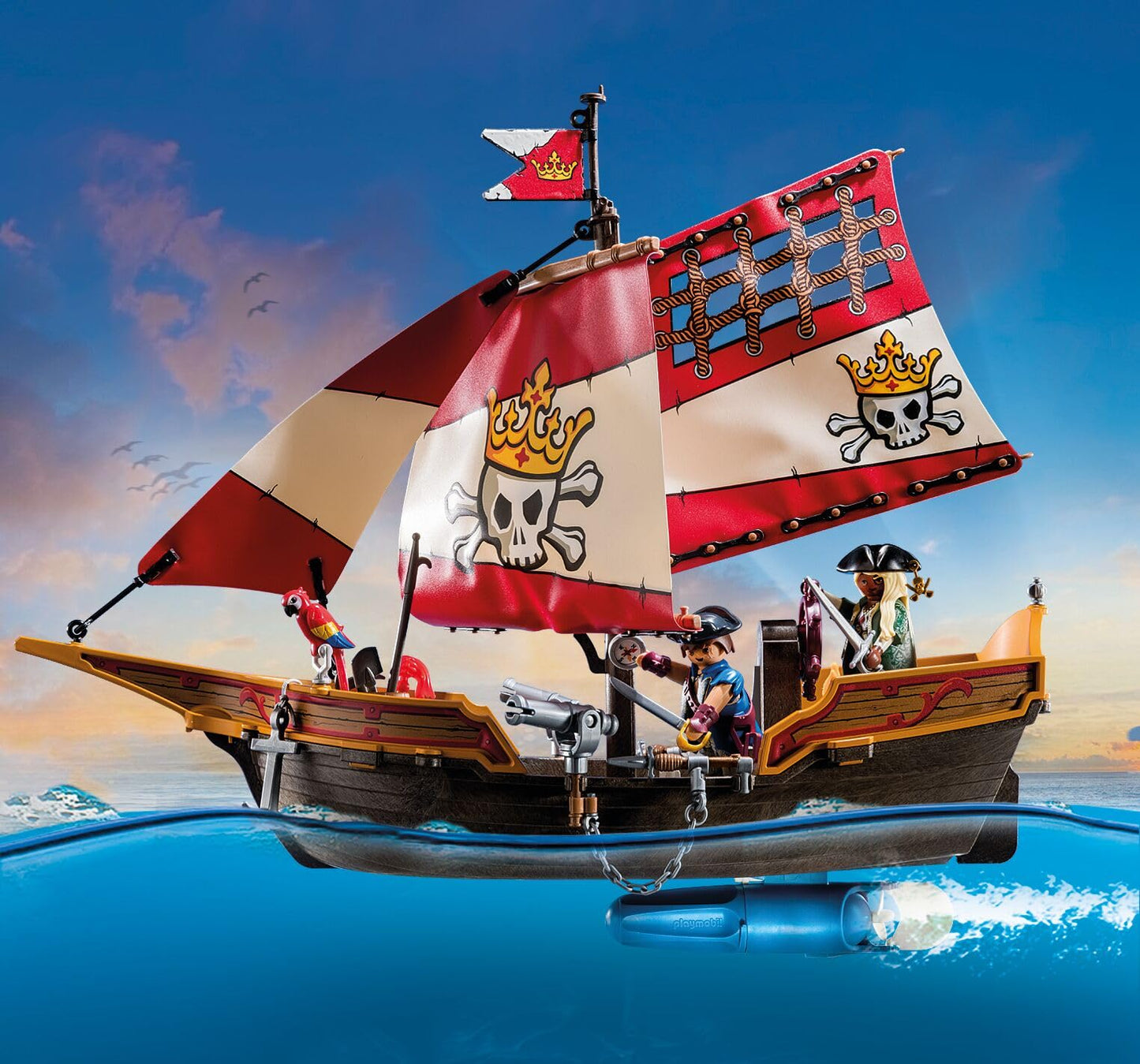PLAYMOBIL Pirates 71418 Pirate Ship, Exciting Adventures on the High Sea, with Extensive Accessories such as Telescope, Compass and Cannons, Toy for Children from 4 Years