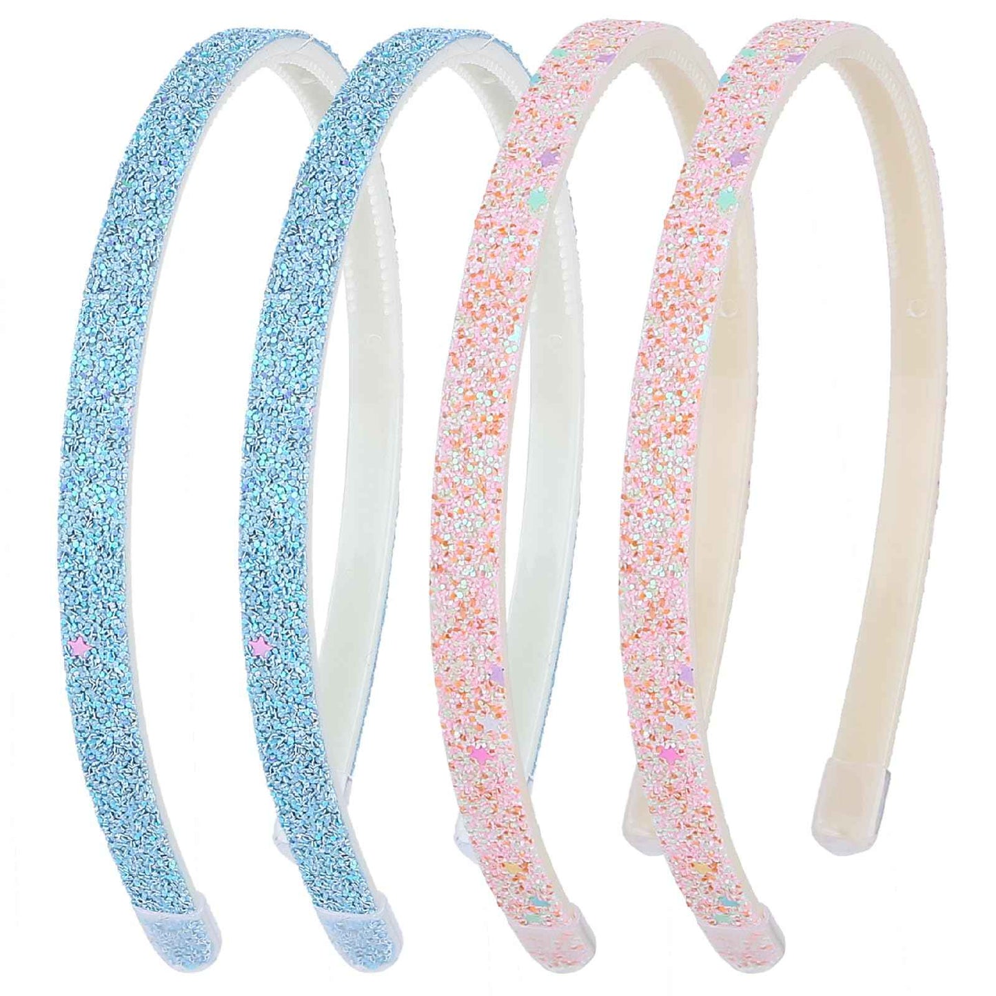 WLLHYF Pack of 4 Glitter Headbands, Colourful Hair Accessories, Plastic, Glittering, Cute, Non-Slip, Thick, Glittery, Confetti, Rainbow Hair Bands with Teeth for Little Girls (2 Gradient 2 Stars)