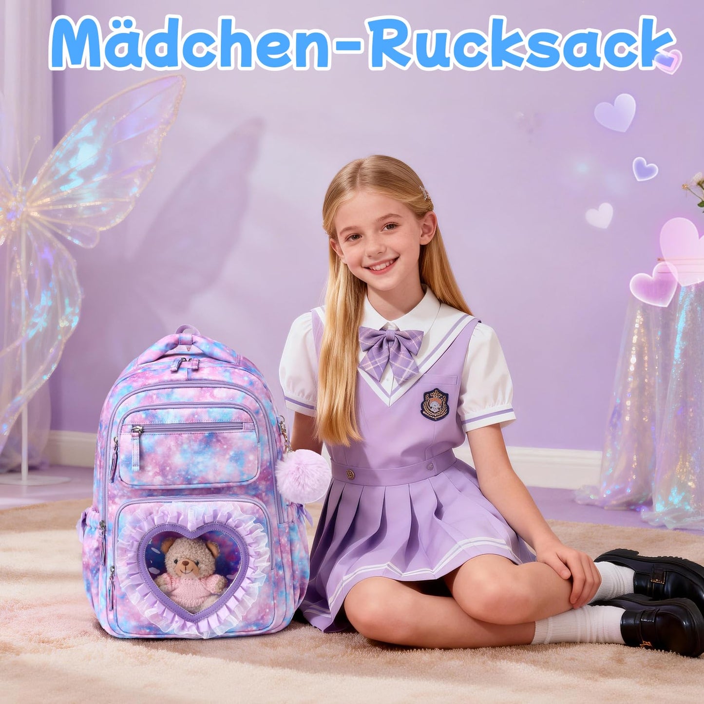 Schulrucksack Mädchen Herzdesign 22L mit Gepäckgurt für Schule | Spitze & Schleifendetails, Ergonomische 3D-Rückenpolsterung, wasserabweisendes Polyester, zahlreiche getrennte Fächer