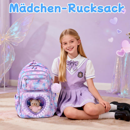 Schulrucksack Mädchen Herzdesign 22L mit Gepäckgurt für Schule | Spitze & Schleifendetails, Ergonomische 3D-Rückenpolsterung, wasserabweisendes Polyester, zahlreiche getrennte Fächer