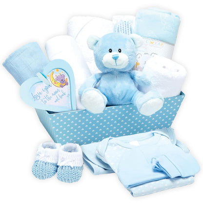 Baby Box Shop 14 Baby Gifts for Birth Boy, Ideal for Baby Showers, Baby Shower Gifts, with New Baby Essentials for Newborn Boys and a Blue Plush Teddy Bear