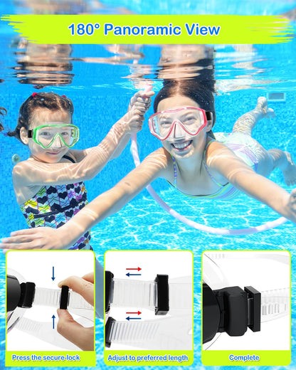 SkrekuiMa Taucherbrille Kinder | Schwimmbrille Kinder Schnorchelmaske Anti-Fog Anti-Leck | Tauchmaske Kinder 180°Panorama HD Tempered Glas für Kinder 4-12 Jahre Jungen Mädchen