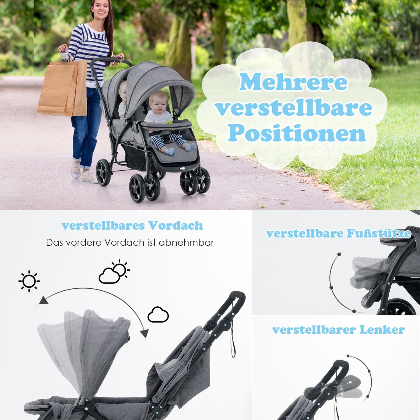 COSTWAY Folding Double Pushchair, Twin Pushchair with Adjustable Backrest and Hood, Travel Buggy with Reclining Function, Twin Buggy Pushchair for Baby from 6 Months, 30 kg Load Capacity (Grey)