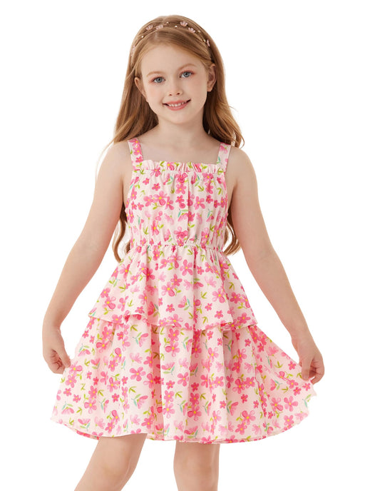 GRACE KARIN Mädchen Sommer Blumen Kleid Kinder Prinzessin A-Linie Freizeit Swing Kleid Verstellbare Spaghetti-Träger Doppelter Saum