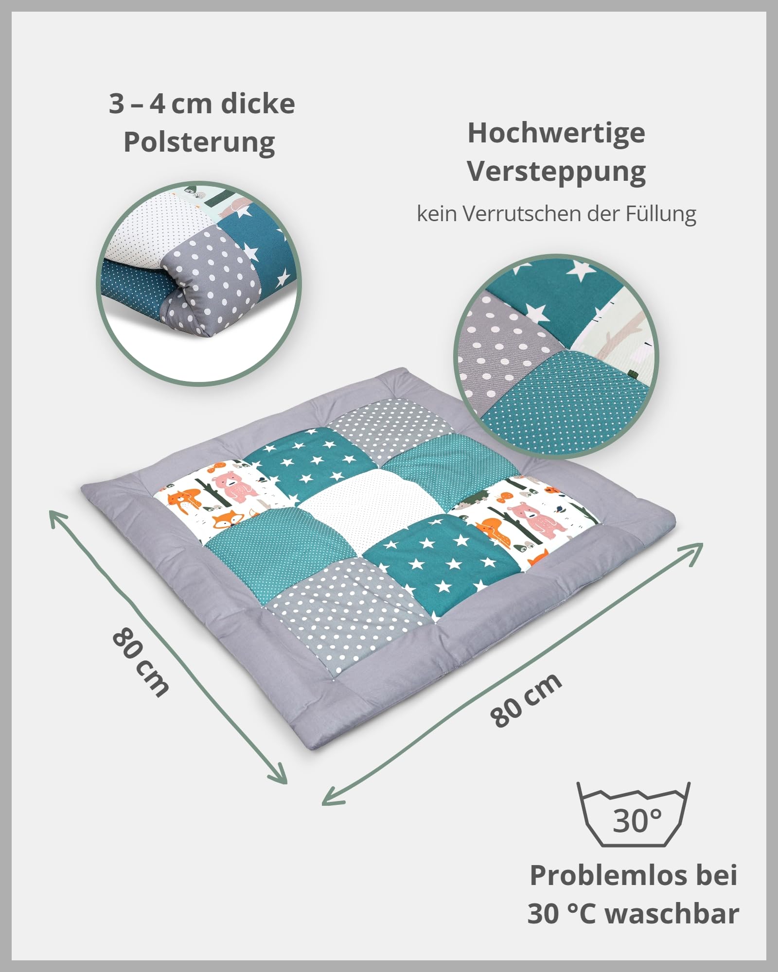 ULLENBOOM Krabbeldecke für Baby 80x80 cm, Outdoor-geeignet, 100% OEKO-TEX Materialien, Made in EU, Weich gepolstert, Eukalyptus - ideal als Spieldecke Baby - Meloni2