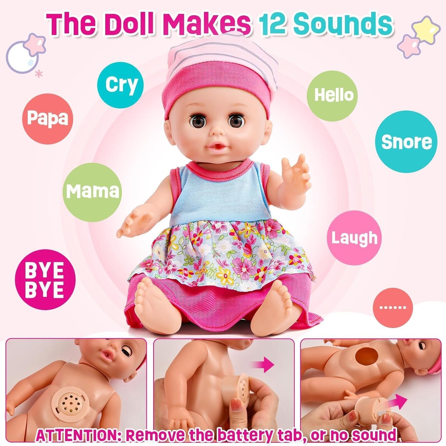 Tacobear Baby Puppe Zubehör Babypuppe Pflegeset Spielzeug,30cm Interaktive Puppen mit Sound, Puppenkleidung, Nippel, Windeln, Kinderbett, Hochstuhl, Spielzeug Geschenk für Mädchen 3 4 5 6 Jahre