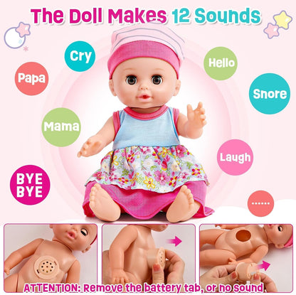 Tacobear Baby Puppe Zubehör Babypuppe Pflegeset Spielzeug,30cm Interaktive Puppen mit Sound, Puppenkleidung, Nippel, Windeln, Kinderbett, Hochstuhl, Spielzeug Geschenk für Mädchen 3 4 5 6 Jahre