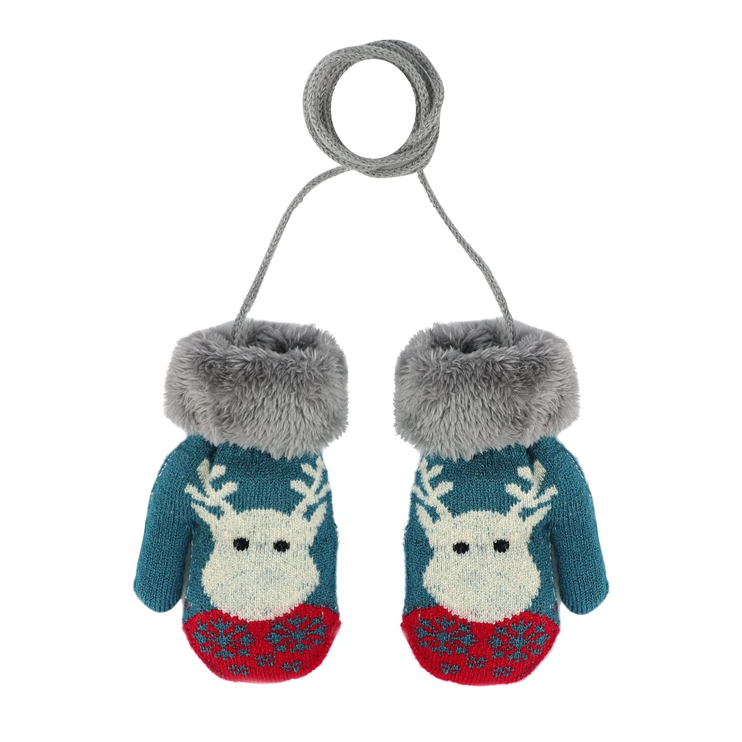 Kids Winter Gloves Mittens Baby Cartoon Mitten Neck Gloves Thick Double Knitted Glove with Plush,0 - 3 years old, Playing, Running, Skiing